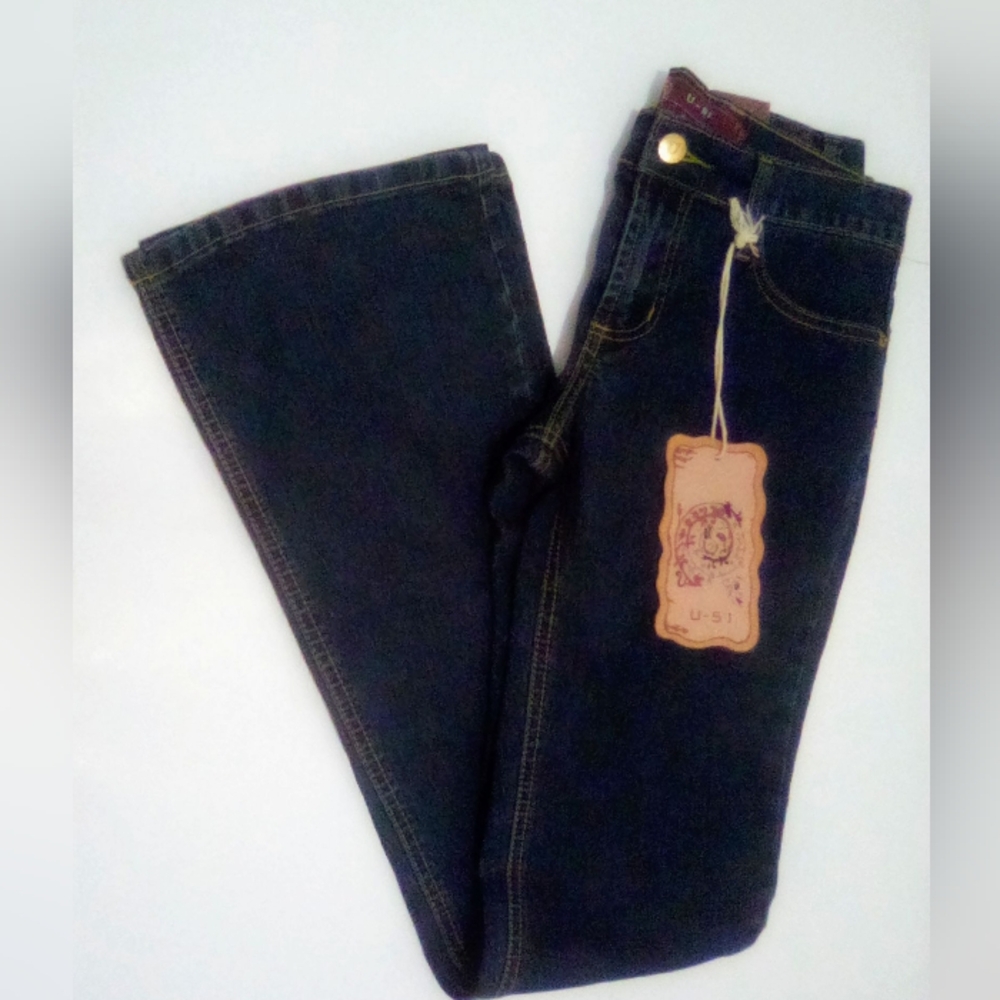 U-51 Vintage Y2K Elegant Dark Blue Flare Jeans Embroidered Size 7